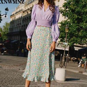 Violett V-nacke Plaid Women Blouse T Shirts Eleganta Front Knappar Slim Waist Ruffles Kvinna Blusas 210520