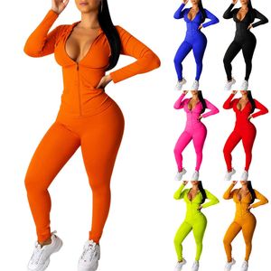 Femininos de tracksuits Autumn Duas peças Conjunto feminino de manga longa com zíper com capuz de bolso esportivo+leggings combinando conjuntos de exercícios para roupas elásticas p230506