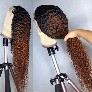 Deep Kinky Curly Wig Full Lace Front Human Hair Ombre Brown Color Syntetiska Paryker För Black Women