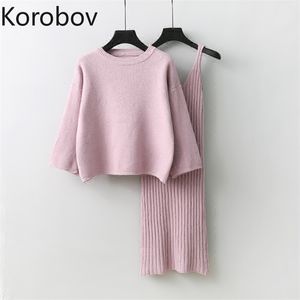 Korobov Nya Kvinnor Sweater 2 Piece Outfits O Neck Långärmad Sticka Pullover och V Neck Ärmlös Vest Dress Suits Set 78759 210430