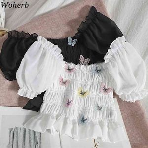 Chiffon Crop Top Women Shirts Butterfly Embroidery Off Shoulder Puff Sleeve Blouse Korean Fashion Chic Cute Ladies Blusas 210519