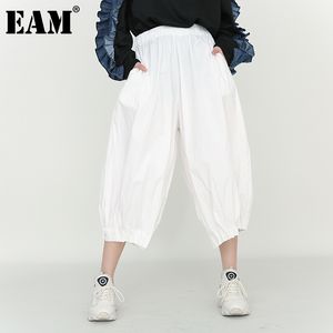 [EAM] hög elastisk midja armé grön pläterad brett ben byxor lös passande byxor kvinnor mode vår sommar 1x92900 210512