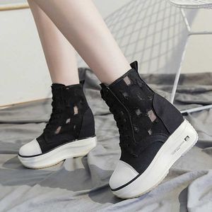 Rimocy Hollow Canvas Ankle Boots Women Breathable High Top Platform Booties woman autumn Lace Up Height Increased Shoes 210911