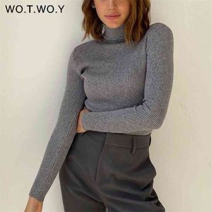 WOTWOY Rippstrick Rollkragenpullover Frauen Herbst Winter Slim Fit Basic Pullover Weibliche Langarm Schwarz Weiß Jumper 210922