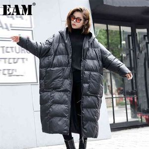 [EAM] Cappotto oversize lungo imbottito in cotone con cappuccio Manica ampia Vestibilità Parka da donna Moda Autunno Inverno JD1210 210923
