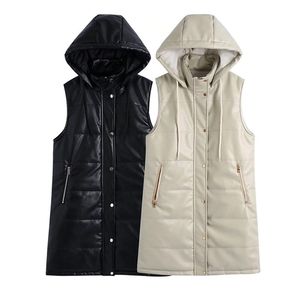 TRAF Women Vest Za Black Long s Faux Leather Sleeveless Jacket Woman Oversize Hooded Beige Fall Warm Zipper Padded 211220