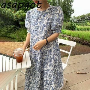 Coreano Chic Verão Retro Esboço Imprimir Vestido Casual Rodada Pescoço Solto Bolha Bolha De Manga Curta Vestido Mulheres Rufles Pintado à Mão 210610