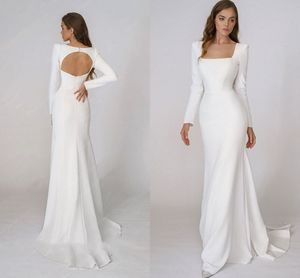 Enkel Crepe Mermaid Bröllopsklänningar 2021 Square Stain Long Sleeve Trumpet Backless Bohemian Beach Bridal Dress Robes