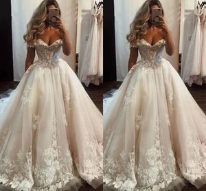 2022 Abito da sposa in pizzo floreale principessa Vita impero Off The Shoulder Applique Tulle Corste Back Plus Size Abiti da sposa Donna Country