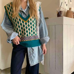 Vintage Patchwork Blomstryck Elegant Streetwear För Ladies V-Neck AryGle Stickade Twist Västar All-Match Fall Waistcoats 210422