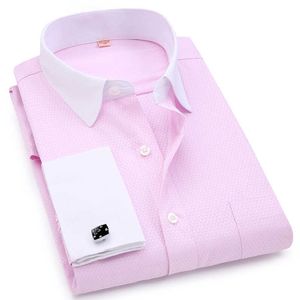 Men French Cufflinks Shirts White Collar Design Solid Color Jacquard Fabric Male Gentleman Dress Long Sleeves Shirt 210708