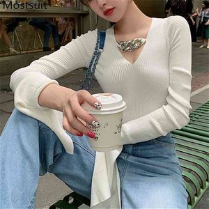 Korean Stylish Silver Chain Knitted Pullover Sweater Women Spring Splitting Sleeve V-neck Tops Fashion Ladies Jumpers Femme 210513