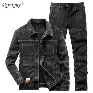 2021 neue Männer Casual Slim Schwarz Jacke und Jeans männer Anzüge Frühling Herbst Männer Revers Langarm Denim Jacke + Jeans 2PCS Set X0909