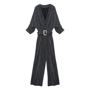 Women Black Silver Lerux V Neck Solid Half Sleeve Full Length Jumpsuit Sash Wrap J0062 210514