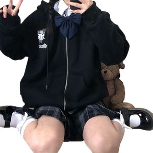 Ulzzang Preppy стиль карманный капюшон мультфильм печать женщин милая одежда Harajuku Kawaii розовая толстовка женщины аниме на молнии 211013