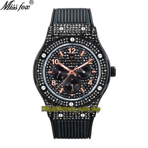 MISSFOX Eternity V314 Hip Hop Moda Erkek Saatler CZ Elmas Kakma Dial Kuvars Hareketi Erkekler İzle Buzlu Diamonds Çerçeve Alaşım Kılıf Siyah Kauçuk Bilezik