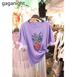 Gaganight Purple Lace Patchwork Tshirt Pineapple Sequins Bling T Shirts Kortärmad Sommar Mode Lady Chic Koreanska Toppar 210519