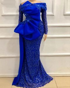 Off Ramię Z Długim Rękawem Prom Dresses 2021 Shiny Luksusowa Koronka Aplikacja Bow Evening Dress Dubai Caftan Boda Robe de Soirée de Mariage