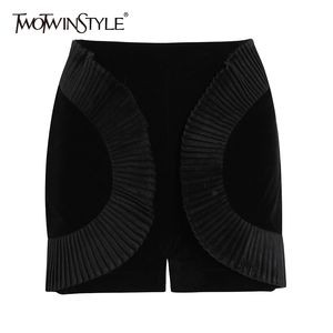 Twotwinstyle Black Velour Shorts för kvinnor Hög midja Zipper Ruched Wide Leg Korta Kvinna Moderna kläder 210517