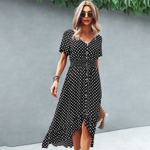 Elegant strand Kvinnor Klänning Sommar Casual Polka Dot Print V Neck Short Sleeve Hög midja Button Ruffle Boho Dresses Vintage 210526