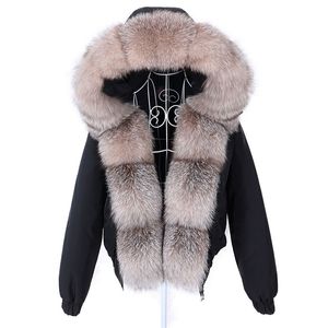 Maomaokong Fashion Short Women's Real Fur Coat Natural Raccoon Big Fur Collar Winter Parka Bomber Jacka Vattentät 211204