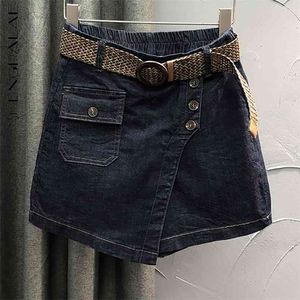 Dark Blue High Waisted Jeans Skirt Women's Summer Loose Thin Fake Two-piece Denim Shorts Skirts Female 5B928 210427