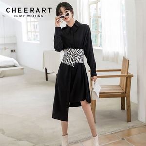 Black Asymmetrical Long Shirt Dress Sleeve Button Up Collar Casual Autumn Clothes Women Korean Style 210427