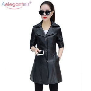 Aleegantmis Alta Qualidade PU Couro Trench Revestimento Mulheres Primavera Longa Manga Outwear Escritório Senhora Slim Plus Tamanho 4xl 210607