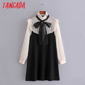 Tangada Mode Frauen Bug Neck Vintage Pullover Kleid Langarm Damen Patchwork Mini Kleid 3H188 210609