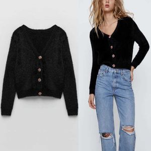 ZA Faux Fur Knit Cardigan Women Long Sleeve V Neck Jewel Button Black Sweater Female Fashion Outwear Knitted Tops 210602