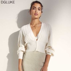 DGLUKE Fashion Knitted Cropped Cardigan Sweater V-Neck Long Sleeve Buttons Jumper Knitwear Spring Autumn Short Jacket Green 211011
