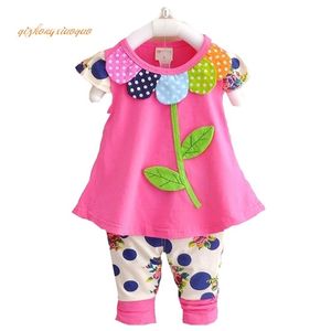 Barn Baby Tjej Kläder Set Bowknot Sommar Blommor T-shirts Toppar och byxor Leggings 2st Cute Children Outfits Girls Set 210326