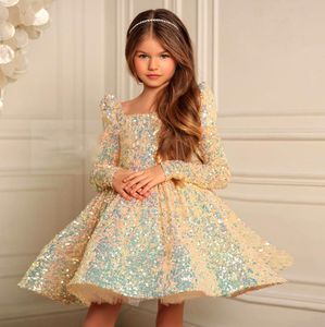 Flower Off The Shoulder Bling Sequins High Low Gold Ball Gown Little Girls Party Sequined Pageant Dresses 403
