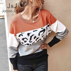 Jesień z długim rękawem Leopard Patchwork Knitled Swetry Elegancki Kolor Blok Pulowers Vintage Harajuku Skoczków Casual Topy 210518