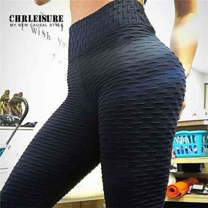 CHRLEISURE Fitness Schwarze Leggings Frauen Polyester Knöchellange Standardfalte Hosen Elastizität Halten Sie schlanke Push-Up-weibliche Legging 210925