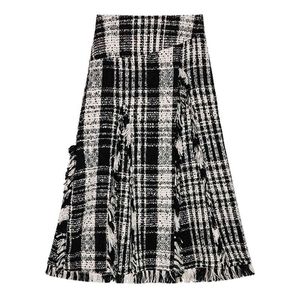 Kvinnor Svart Plaid Tweed A-Line Tassel Empire Midi Skirt Vintage Elegant S0293 210514