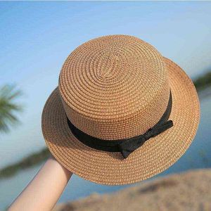 2022 Fashion Panama Simple Summer Beach Hat Female Casual Lady Women Flat Brim Bowknot Straw Cap Girl Sun Hat Chapeu Feminino G220301