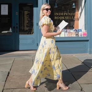 Women Elegant Ruffle Puff Sleeve Floral Print Yellow Summer Dress Summer Elegant A-Line Midi Dresses Holiday Beach Vestiods 210521