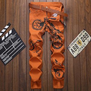 New 2021 Fashion Zipper Male Hip Hop Casual Straight Jeans Stretch Pencil Pants Cool Men Slim Motorcycle Printed Trousers X0621