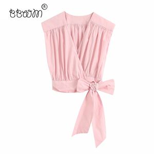 Vrouwen mode roze geplooide kant strikje korte blouses vintage v-hals mouwloze shirts meisjes chique tops 210520