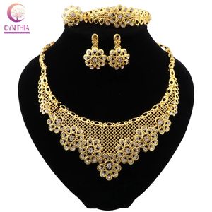 Dubai Elegant Bridal Gold Color Jewelry Sets Crystal Necklace Bracelet Earring Ring Nigerian Wedding Party For Women