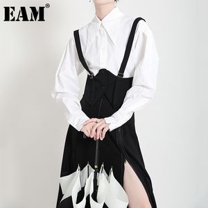[EAM] Frauen Weiß Schwarz Unregelmäßige Schnalle Bluse Revers Lange Hülse Lose Fit Shirt Mode Frühling Herbst 1DD6117 210512