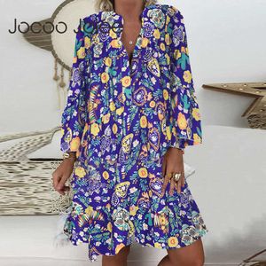 JOCOO JOLEE WOMEN PRINTIG Vネックヴィンテージフリルボヘミアボタン夏の長袖ルーズセクシーなカジュアルミニドレスビーチスタイル210619