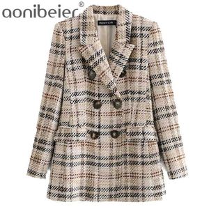 Aonibeier Vintage Retro Check Pattern Doppiopetto Ladie Casual Plaid Giacca e gonna Due pezzi Office Lady Work 211006