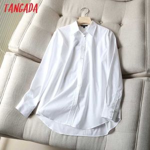 Tangada Women High Quality White Cotton Shirts Long Sleeve Solid Turn Down Collar Elegant Office Ladies Work Wear Blouses 6D19 210609