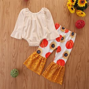 Kids Clothing Sets Girls Halloween Outfits Infant Toddler Romper Tops+Pumpkin Sunflower Lace Flared Pants 2pcs/set Spring Autumn 1792 B3