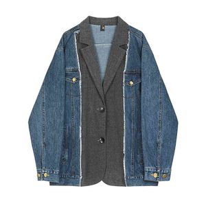 Kadın Denim Ceket Mavi Gevşek Boy Blazer Patchwork Çentik Yaka Moda Pist C0350 210514