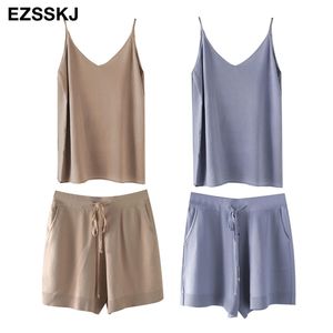knit camisole +short 2 Pieces Set women chic casual Knitted Pullover top + knit pants Jumper Tops+ short suits PJ2102 210709