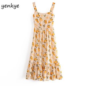 Sommarklänning Vintage Lemon Print Spaghetti Strap Sexig Kvinnor Ärmlös Square Neck A-Line Midi Chiffon Vestido 210514