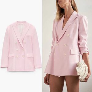 ピンクのZa Blazerの女性長袖二重胸抽選ボタンビンテージブレザーコート女性シックな誤ったウェルトポケットアウターワーブトップ210602